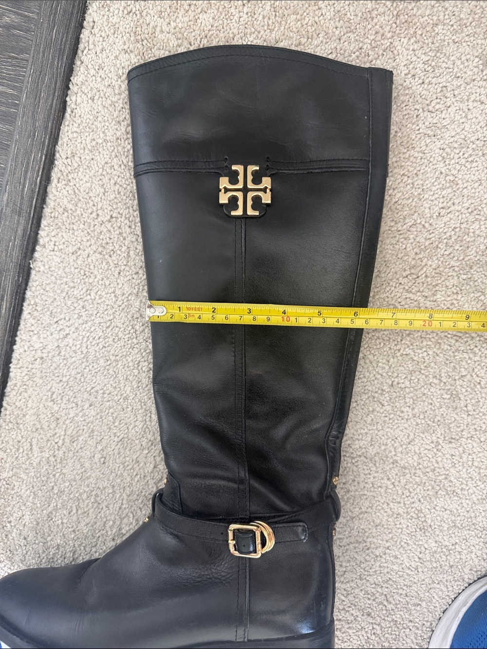 Tory Burch Black Leather Knee-High Boots with Gold Logo - Picture 16 of 16